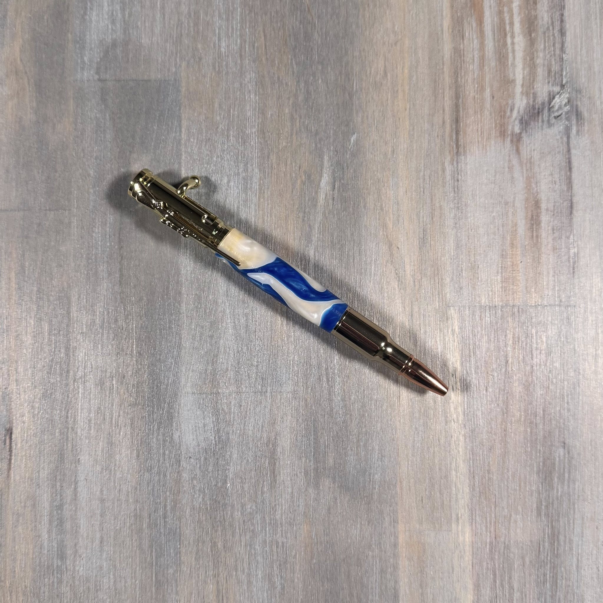 30 Caliber Bolt Action Pen | Blue & White with Gold