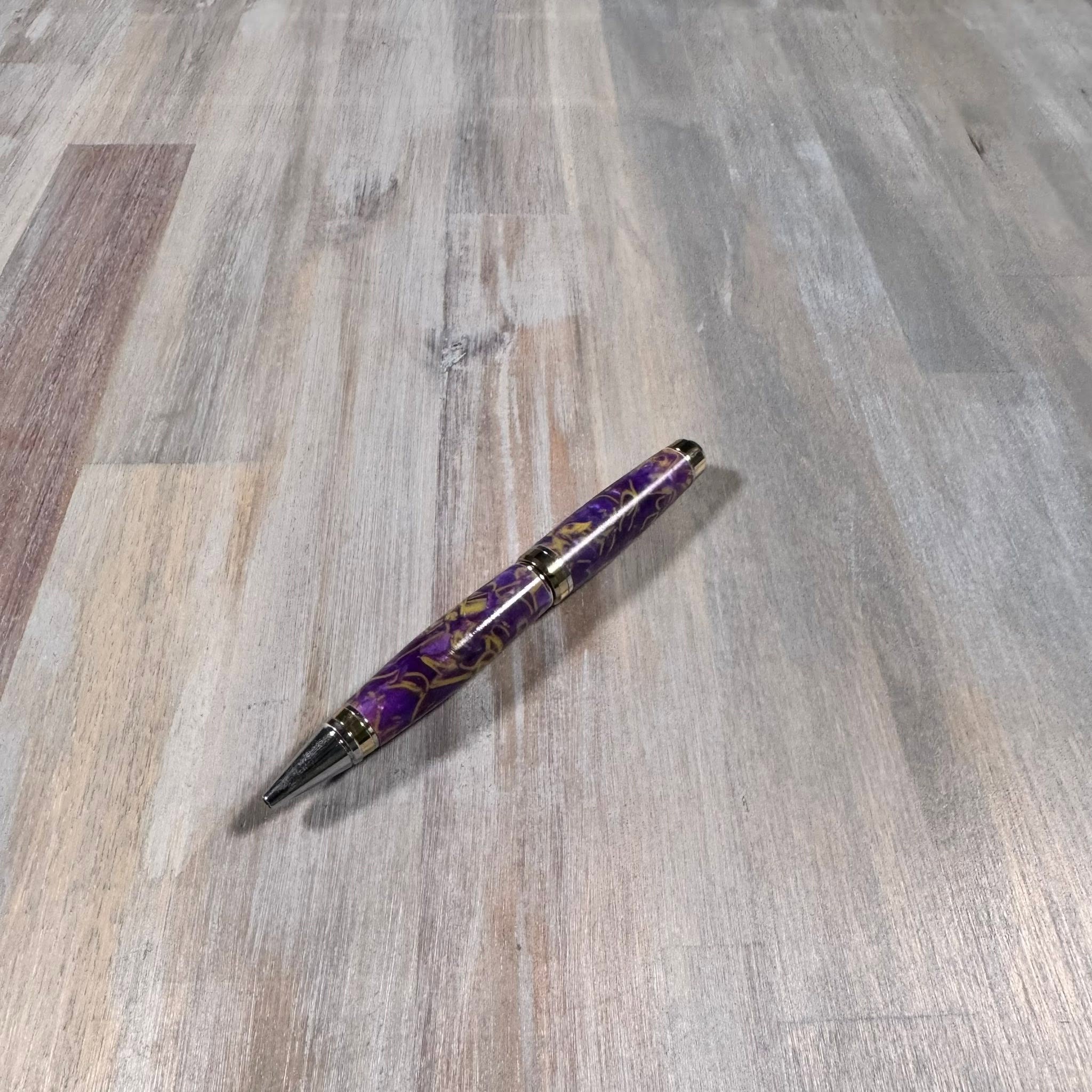 "Big Ben" Style Pen | Green and Purple Swirl Acrylic | Gold and Chrome Hardware